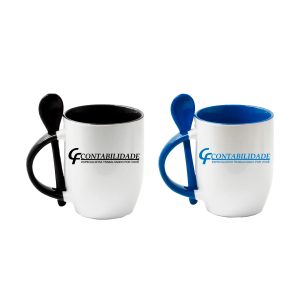 Caneca De Porcelana Com Colher, Interior E Alça Colorida